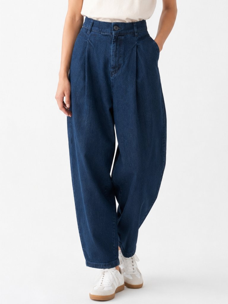 Muji Women's High Rise Pleated Barrel Leg Jeans Dark Wash Stretch Size Xs